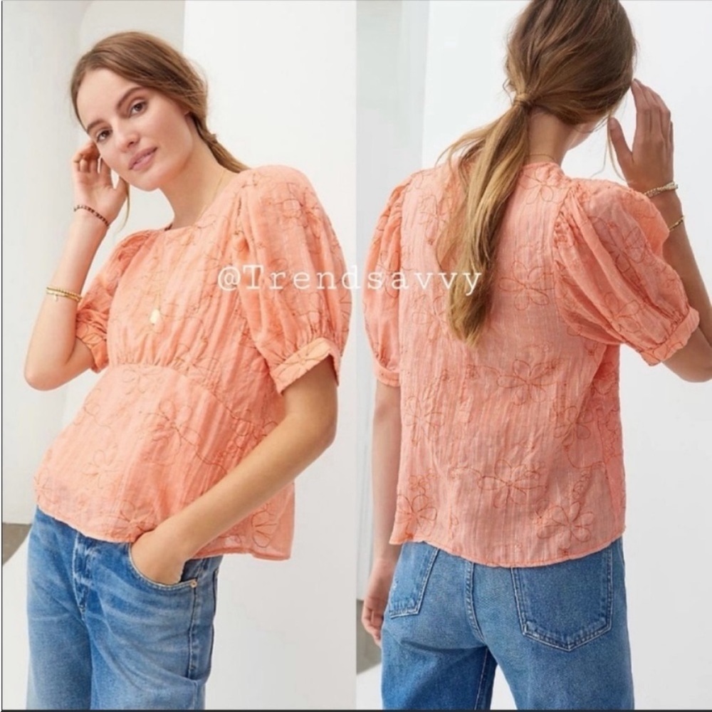 Anthropologie Amadi Nika Peach Embroidered Puff Sleeve Blouse XS Boho Floral